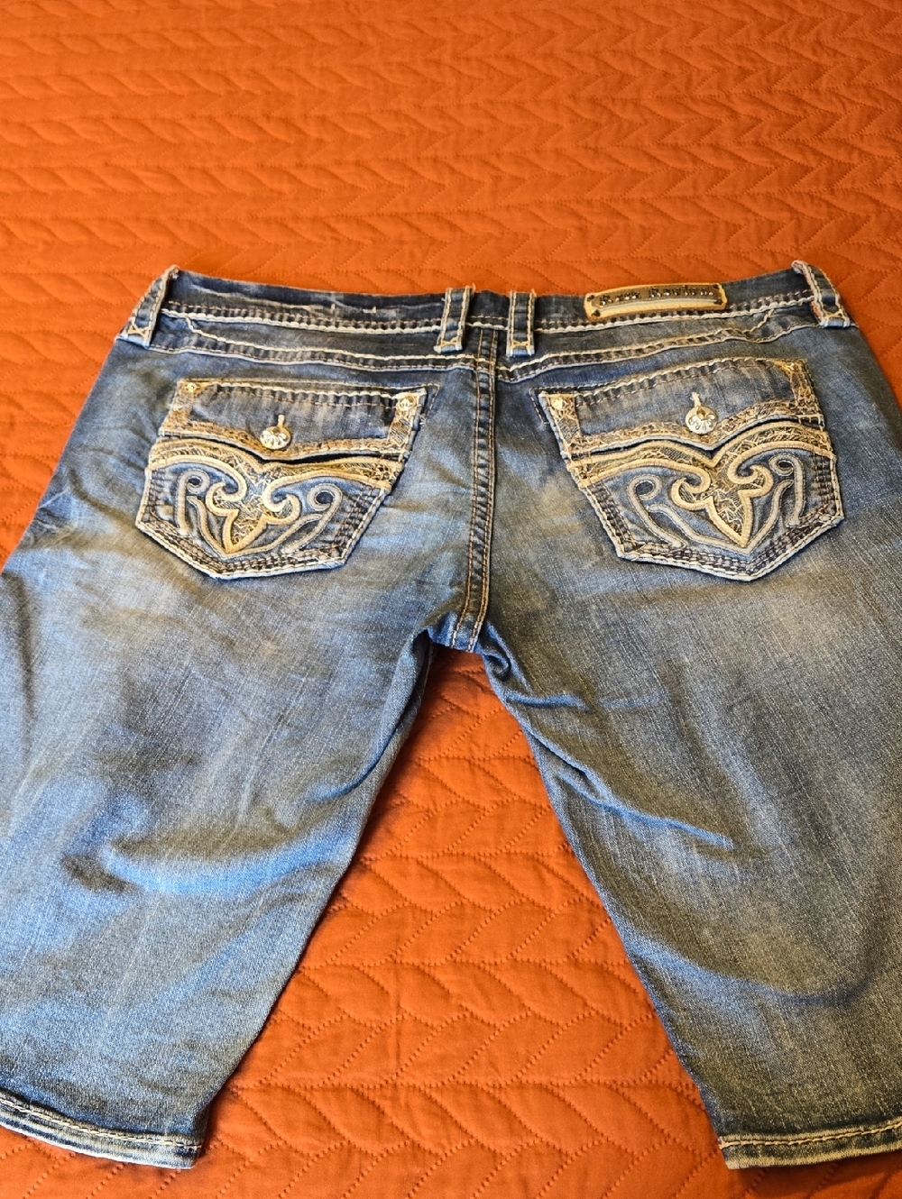 Rock Revival Embroidered Waistband Denim Shorts - Orange Accent